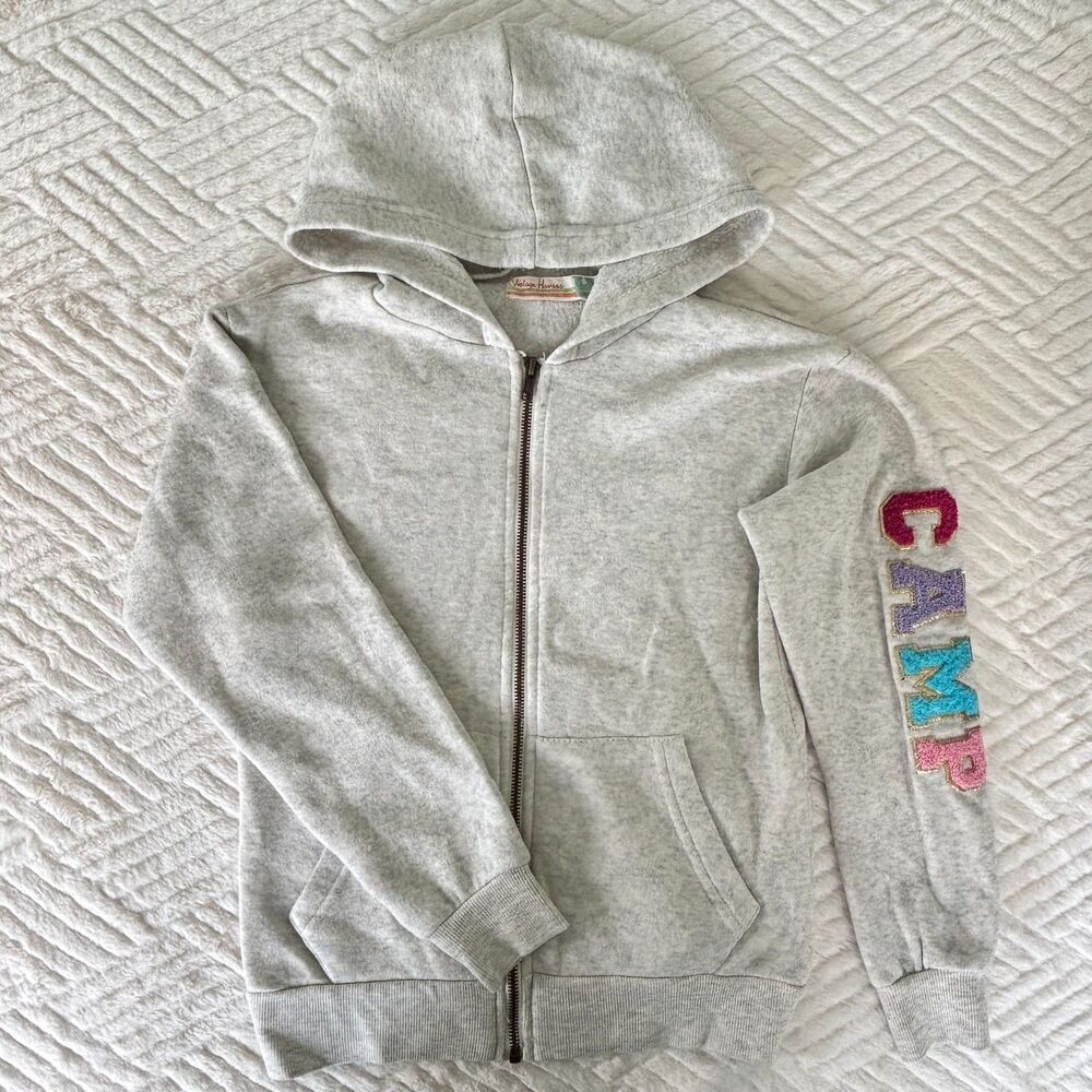 Vintage Havana Girls Size L 14 Gray Velour CAMP Patch Full Zip Hoodie Jacket